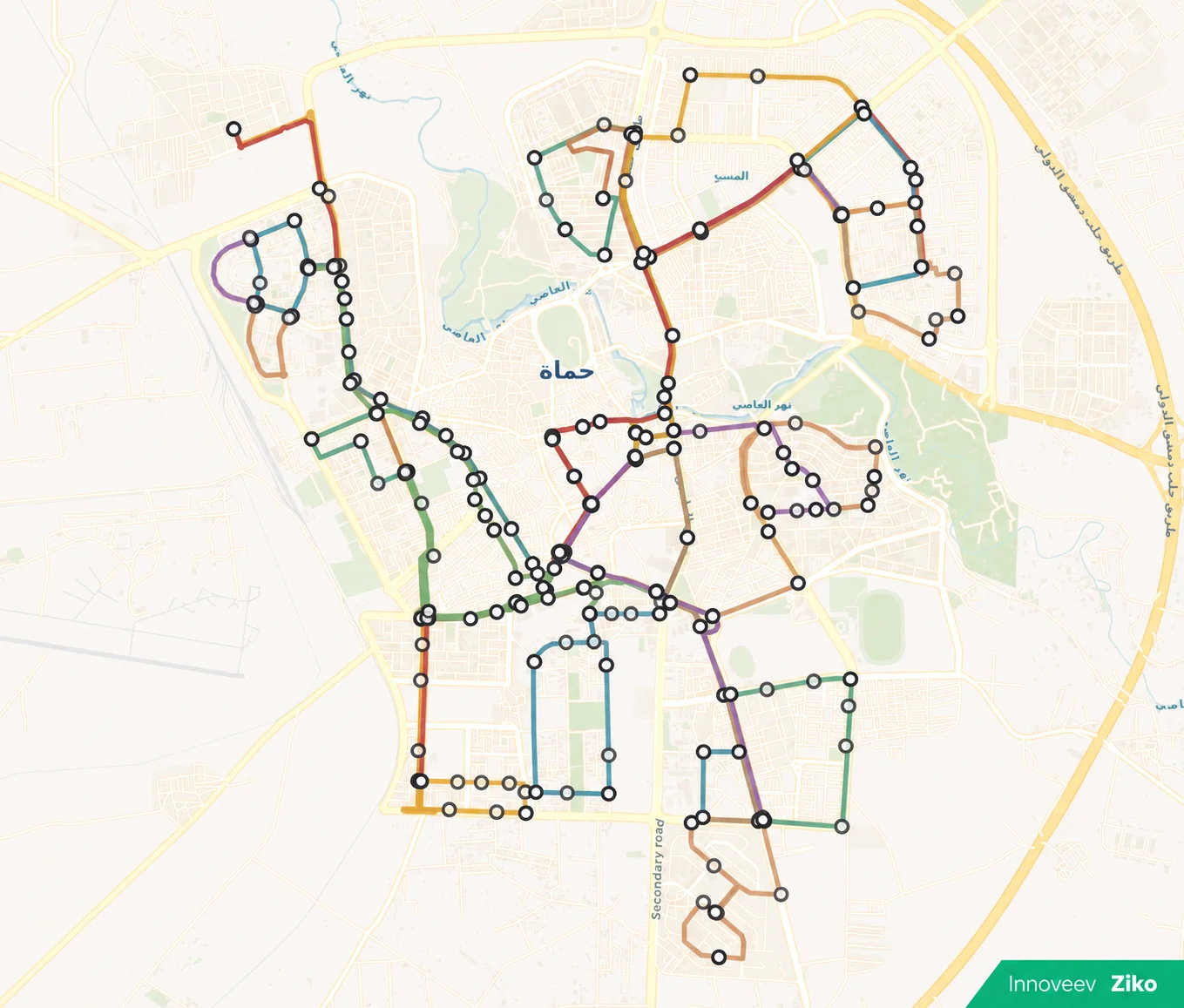Public transport map of Hama, Syria, built by Innoveev for the Ziko app