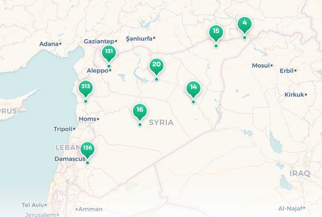 Map of Syria in Ziko Travel showing 600+ attraction points clustered by region, with 313 on the coast, 136 around Damascus and 131 around Aleppo